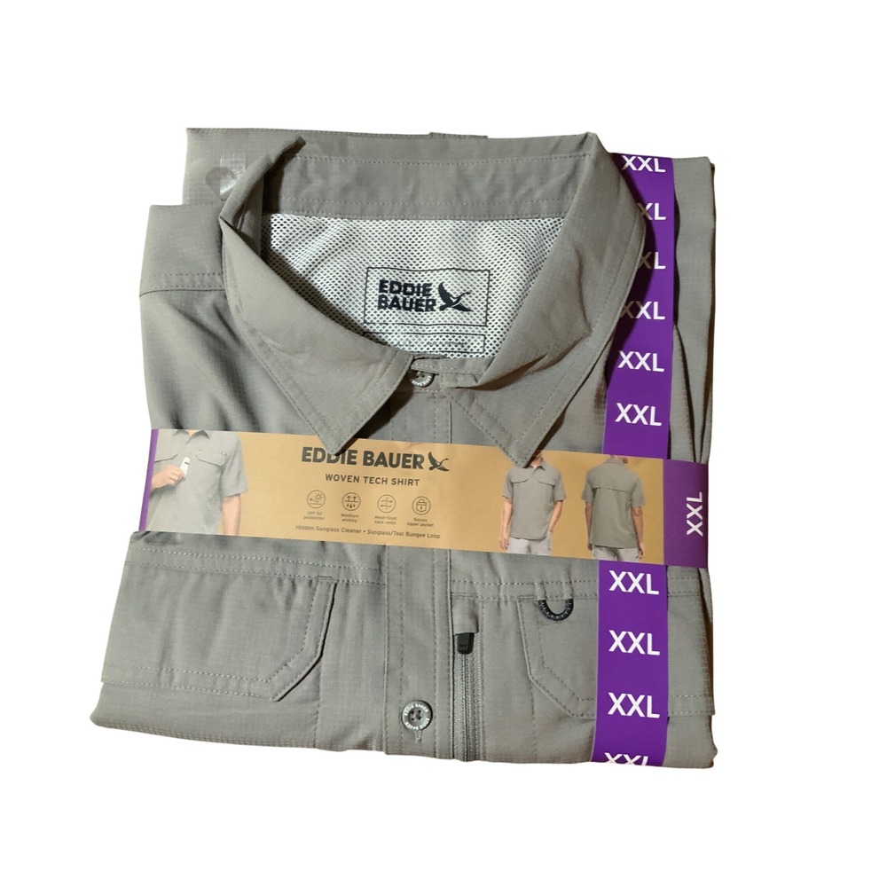 Eddie Bauer Mens Woven Tech Shirt Grey Short Sleeve XXL UPF 50 Hiking Fishing
